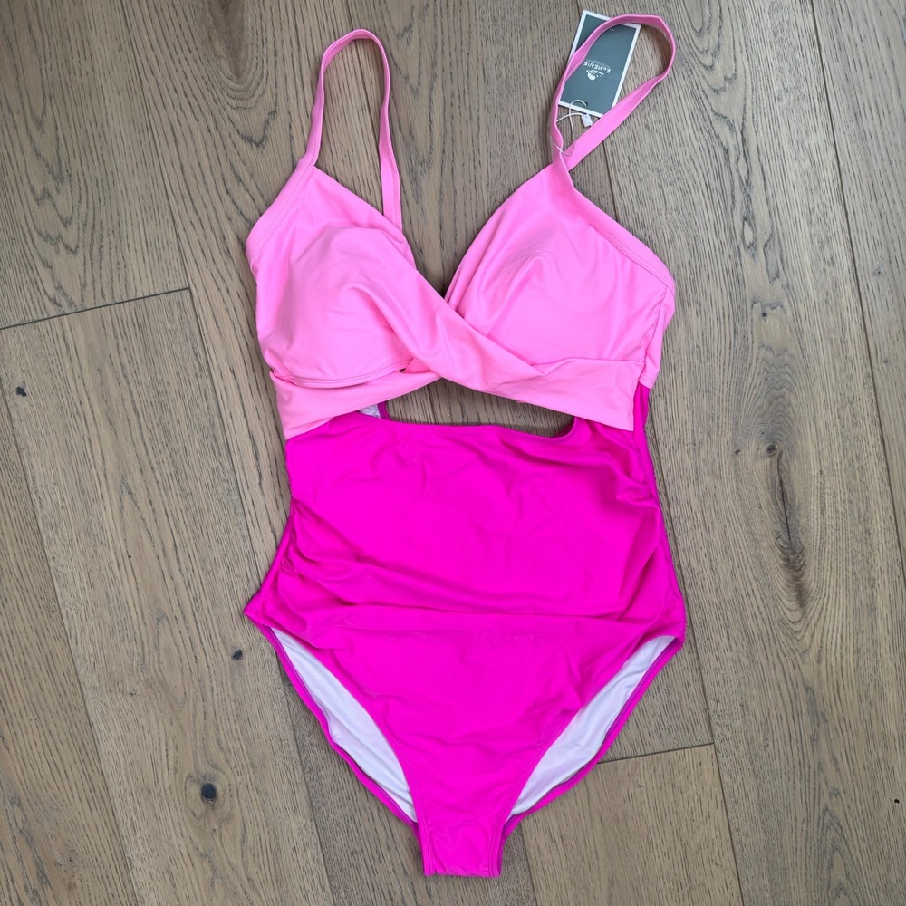 NEW EOMENIE One Piece Swimsuit Bright Pink Halter Neck Cutout Twist Front Size L